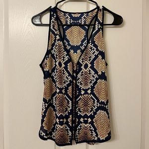 Francesca’s Snake Print Sleeveless Blouse Navy Neutral Pleated Office Attire